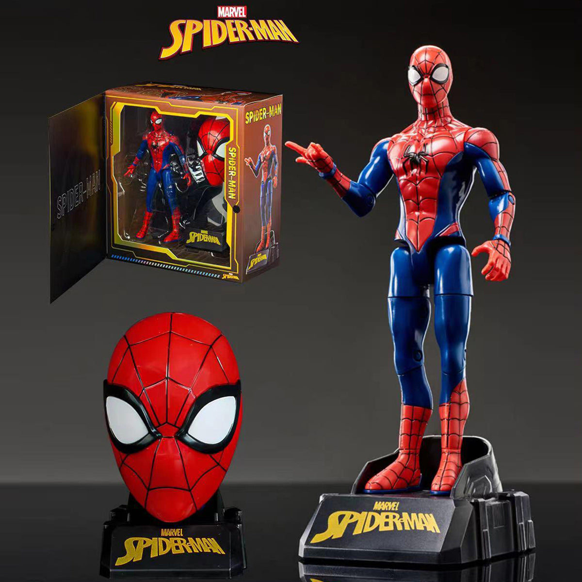 Marvel Transformer Toy Action Figure Spider-Man with detailed packaging, poseable joints, and interchangeable Spider-Man mask on display stand.